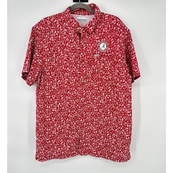 Columbia PFG Men Alabama Crimson Tide Red Button Short Sleeve Shirt Large FLAW - Picture 1 of 9